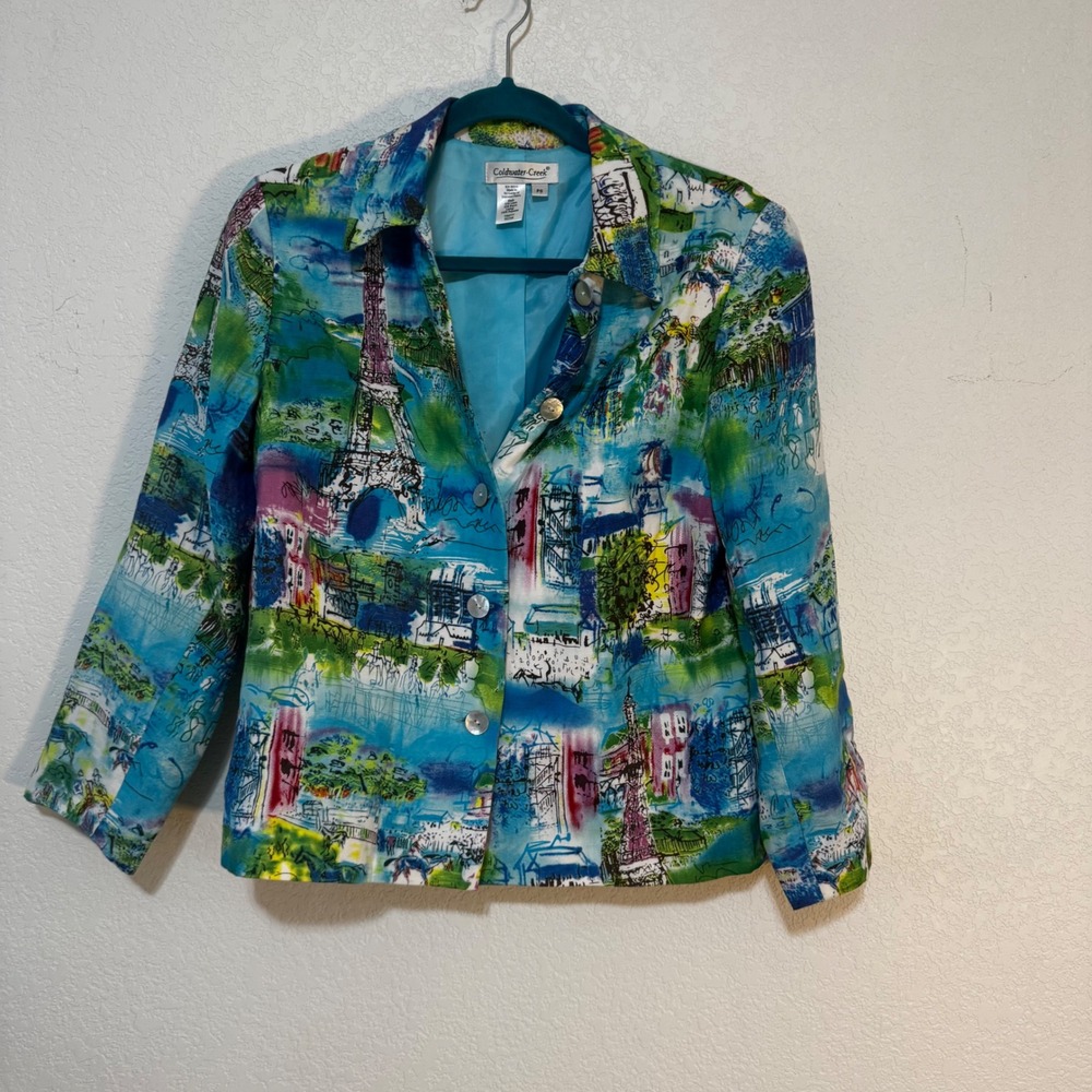 Coldwater Creek Women's Paris Eiffel Tower Print Blazer Jacket PS Blue Multi